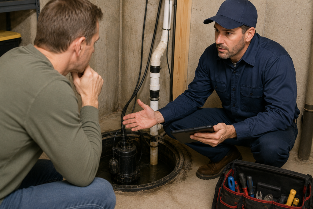 Professional plumber inspecting a sump pump system with a homeowner in a basement to diagnose continuous pump operation.