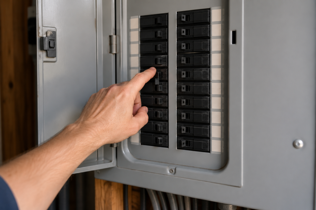 Hand checking the air conditioner circuit breaker in a home's electrical panel to diagnose a compressor that won't start.