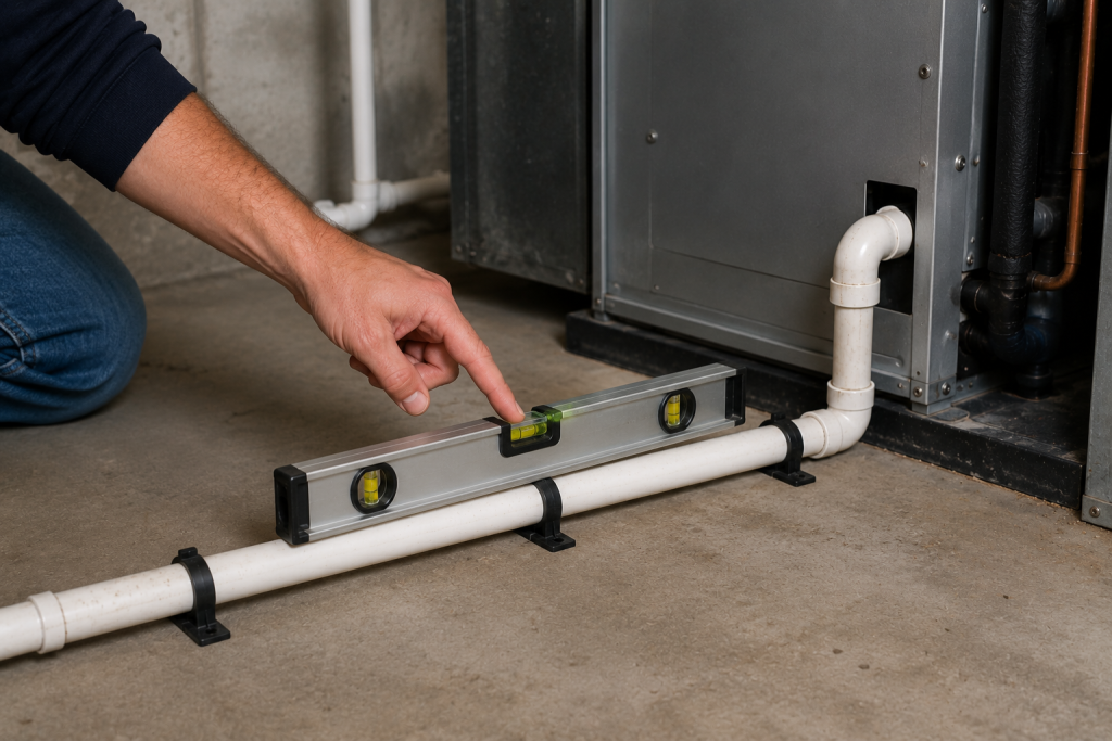 Homeowner using a spirit level to check the slope of a PVC AC condensate drain line to ensure proper water drainage.