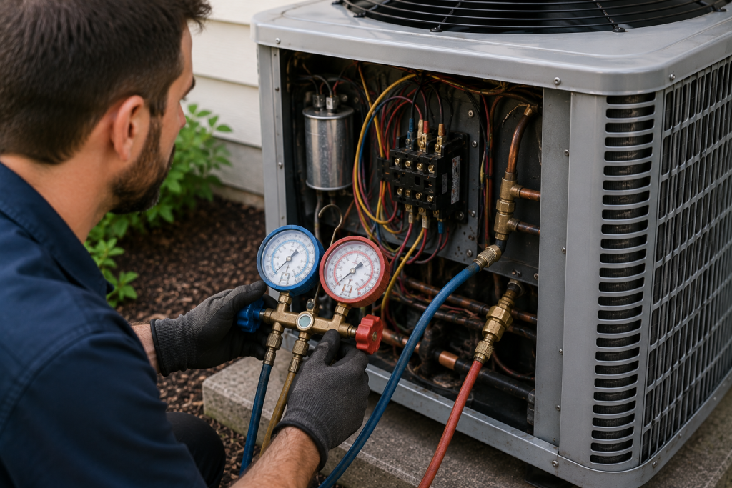 HVAC technician using refrigerant manifold gauges to diagnose low refrigerant in an outdoor air conditioning system.