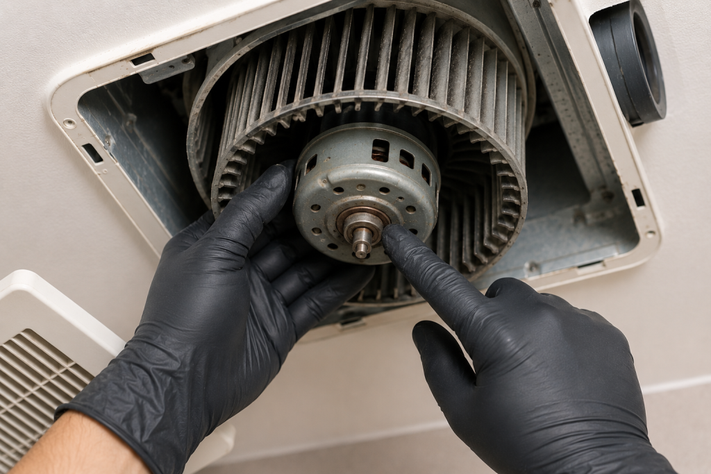 Inspecting the motor bearings and shaft inside a bathroom exhaust fan to diagnose a grinding noise