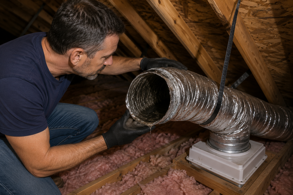 Inspecting a bathroom exhaust fan vent duct in the attic for condensation, standing water, sagging, or disconnected ductwork