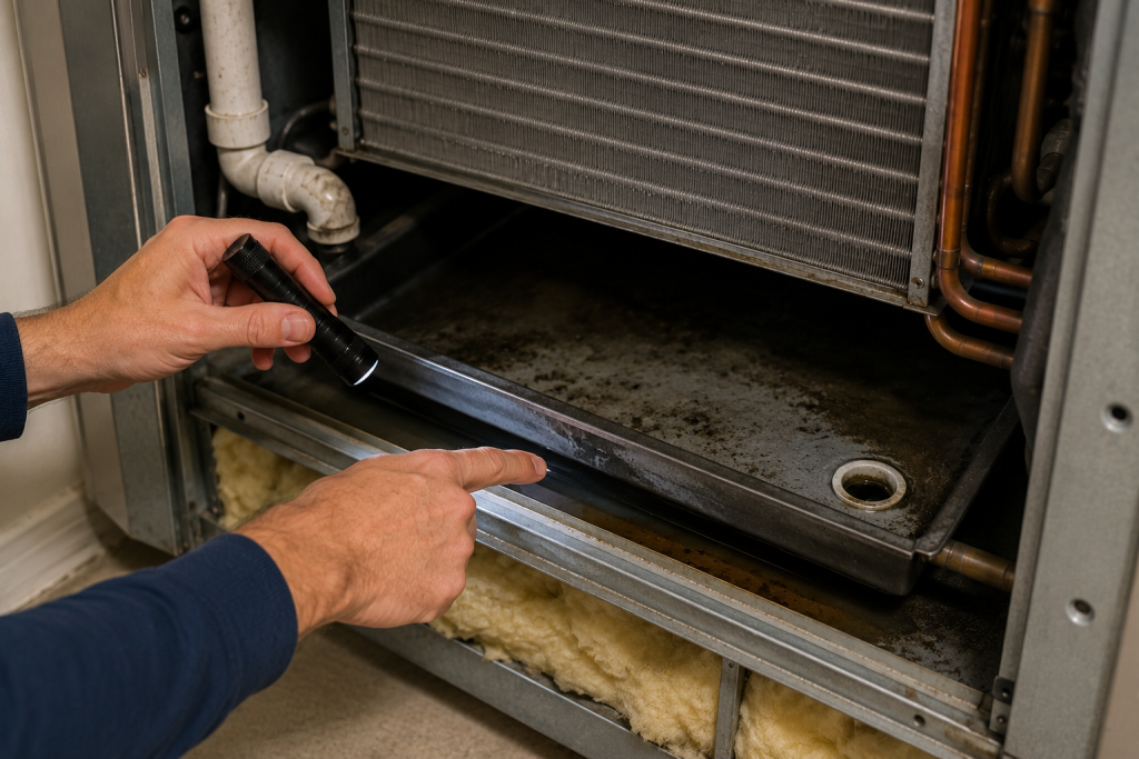 Homeowner inspecting the HVAC condensate drain pan for standing water, mold, and debris that can cause vinegar odors and drainage problems.