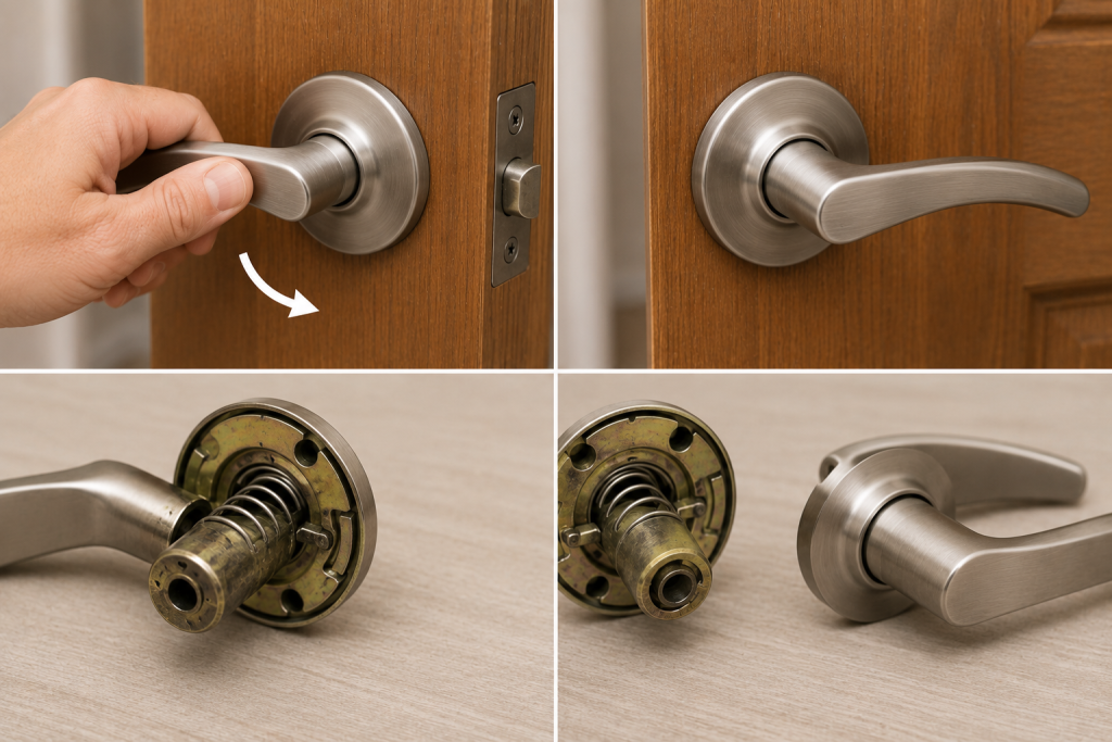 Testing a lever door handle return spring and inspecting the internal spring mechanism before replacing the handle assembly.