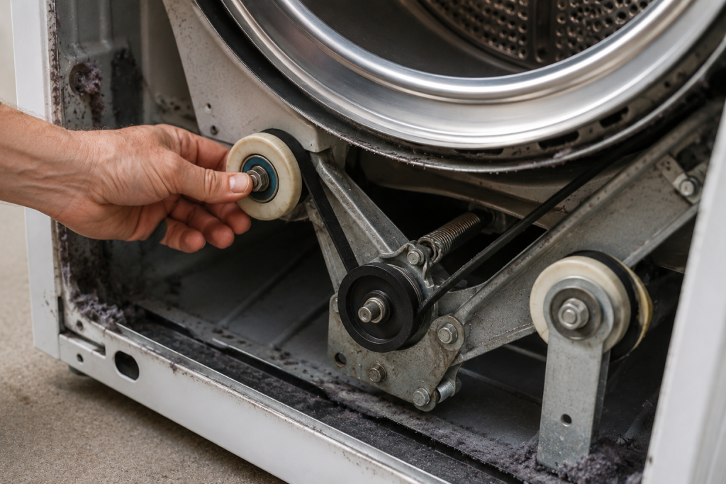 Person inspecting the drum rollers and idler pulley inside a clothes dryer for wear, damage, or excessive friction.