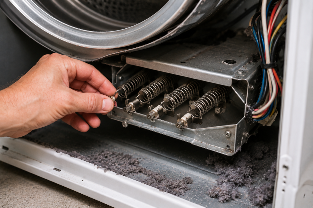 Person inspecting the heating element inside a clothes dryer for broken coils, damage, or contact with the metal housing.