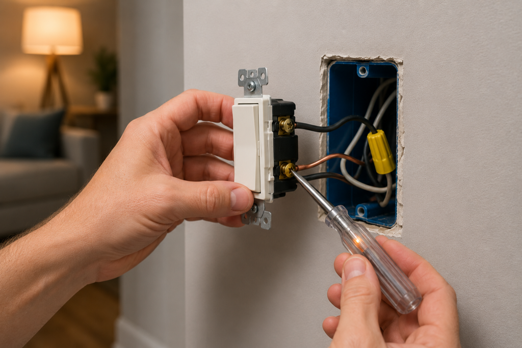 Person inspecting a wall light switch with an electrical tester to check for a faulty switch during home electrical troubleshooting.