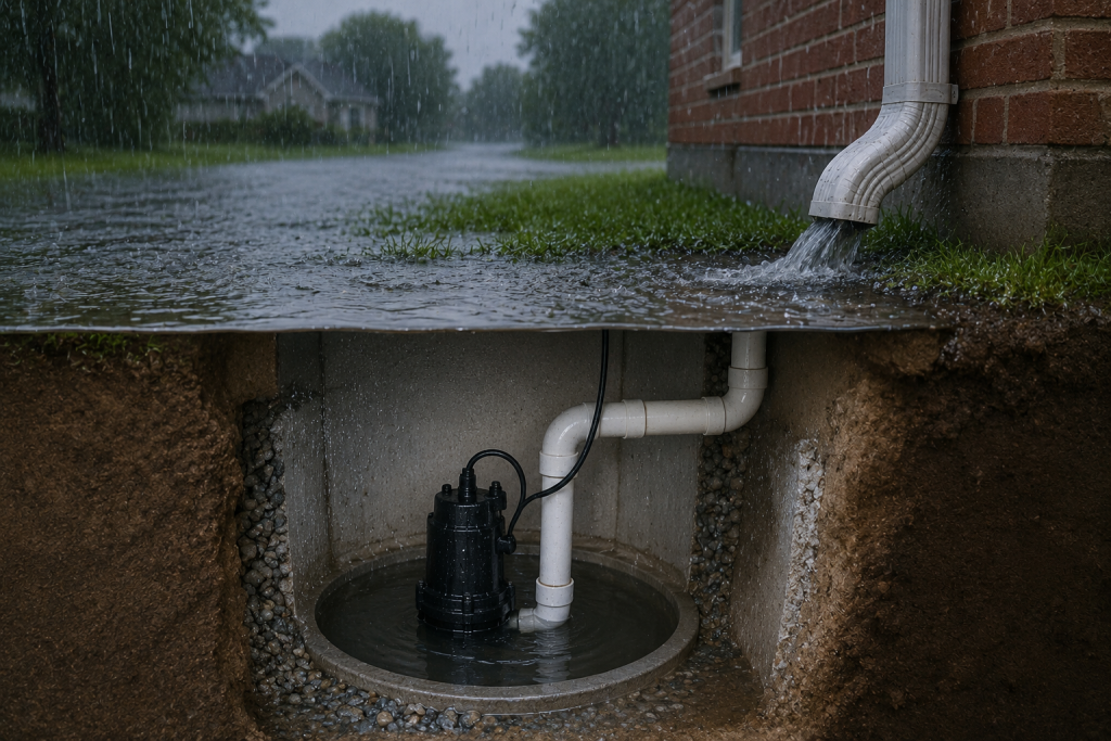 Heavy rainfall saturating the ground around a home's foundation while groundwater fills a sump pit beneath the basement floor.