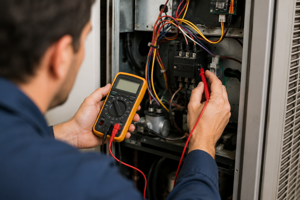 HVAC technician using a digital multimeter to test electrical components inside an air conditioning system while diagnosing a vinegar odor problem.