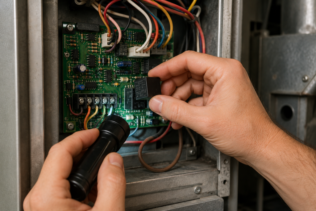 Technician inspecting the HVAC fan relay inside a furnace control compartment to diagnose a blower fan that won't turn off.