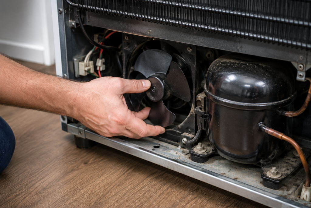 Person inspecting the condenser fan next to the refrigerator compressor to verify the fan blades spin freely and operate correctly.