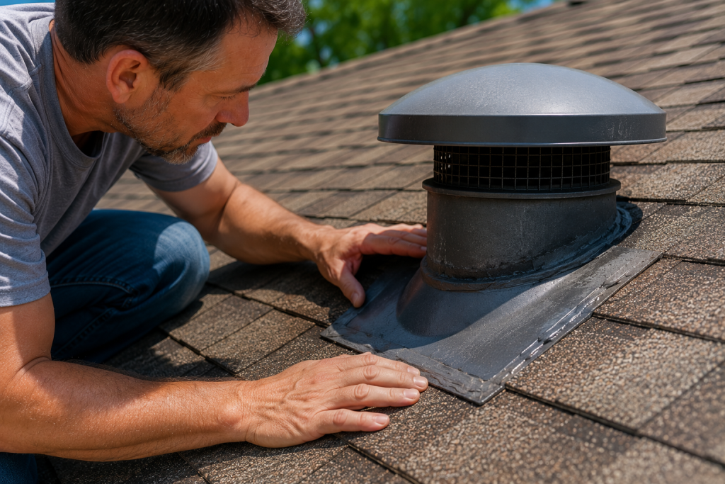 Inspecting roof flashing around a bathroom exhaust vent for cracks, gaps, or damage that could allow water leaks