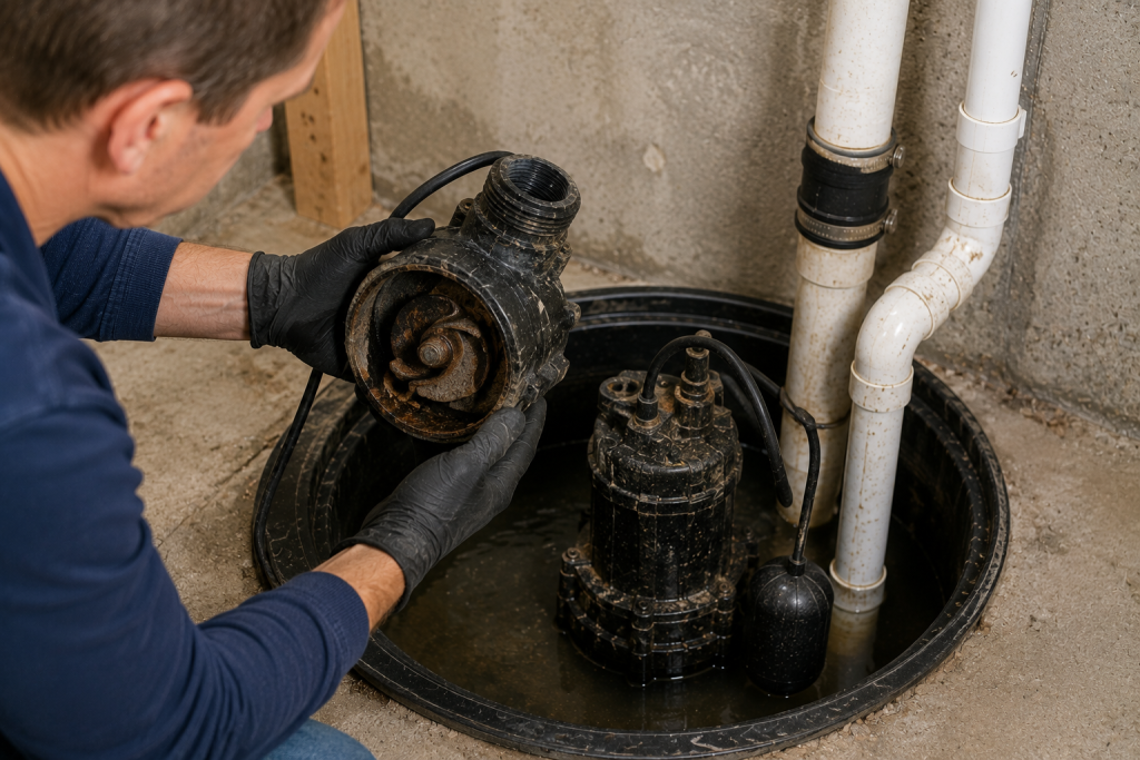 Homeowner inspecting a worn sump pump impeller for signs of damage, corrosion, and mechanical failure inside a basement sump pit.