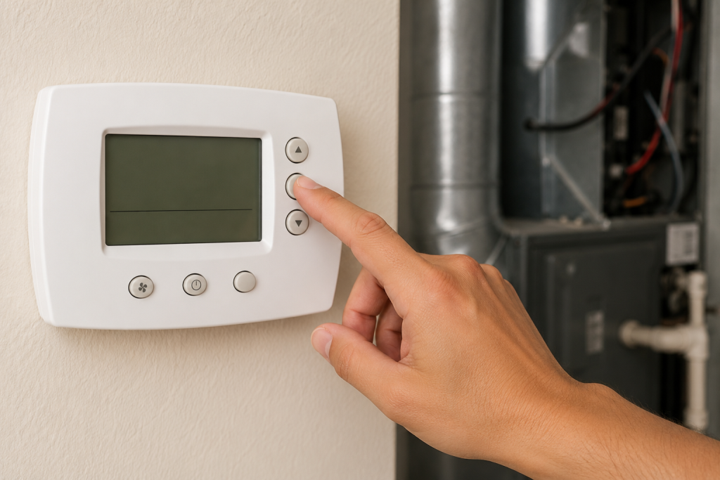 Hand adjusting a home HVAC thermostat to check the fan setting during troubleshooting for an HVAC fan won't turn off.