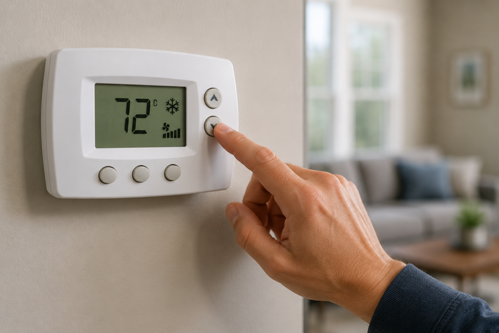 Hand adjusting a home's thermostat to verify the cooling settings while troubleshooting an air conditioner that won't cool.