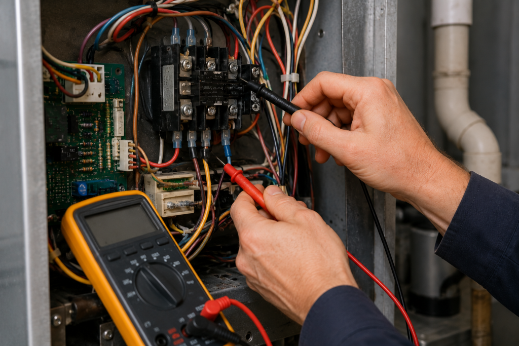 Technician using a digital multimeter to check electrical connections inside a residential HVAC system during blower fan troubleshooting.