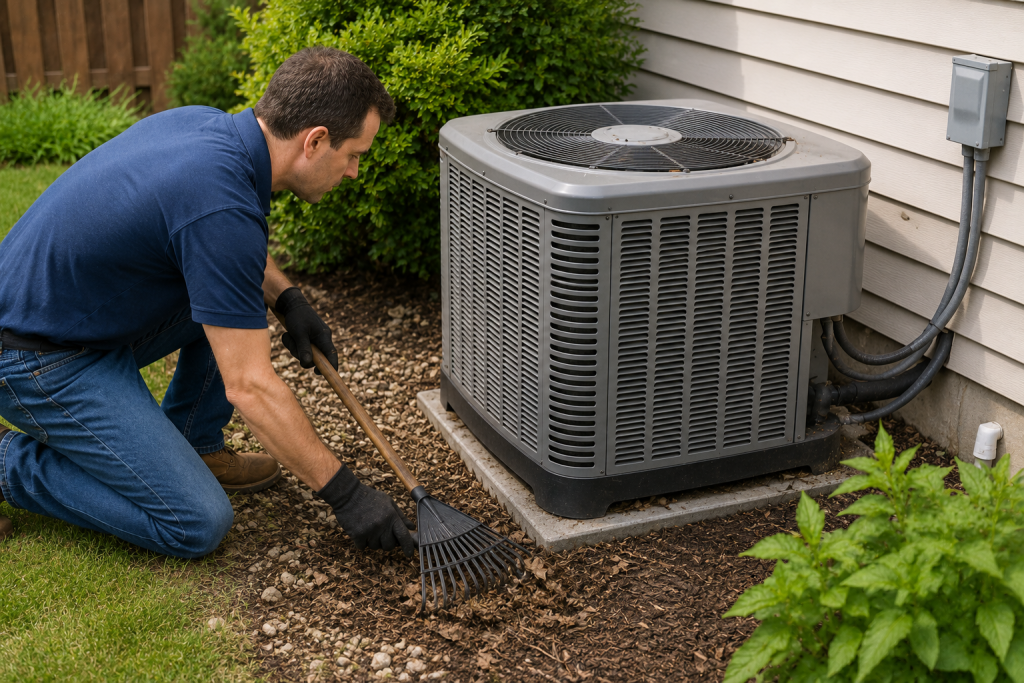 Homeowner removing leaves and debris from around an outdoor air conditioner condenser to improve airflow and help prevent odors and HVAC problems.