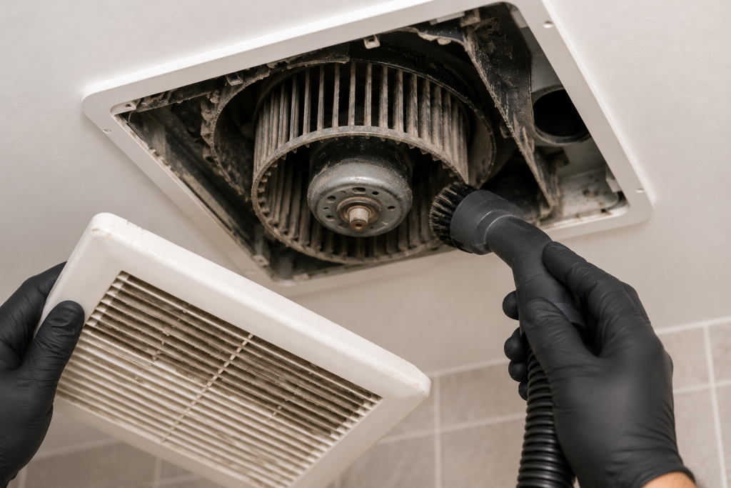 Cleaning dust and debris from a bathroom fan making grinding noise using a vacuum brush with the grille removed