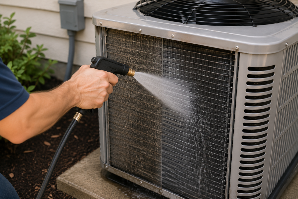 Person rinsing dirty condenser coils on an outdoor air conditioner with a garden hose to improve cooling performance.