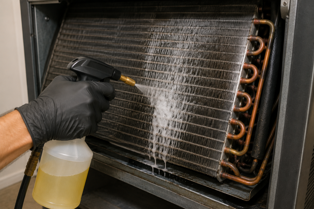 Technician cleaning a dirty evaporator coil with coil cleaner to remove mold, bacteria, and debris that can cause vinegar odors from an air conditioner.