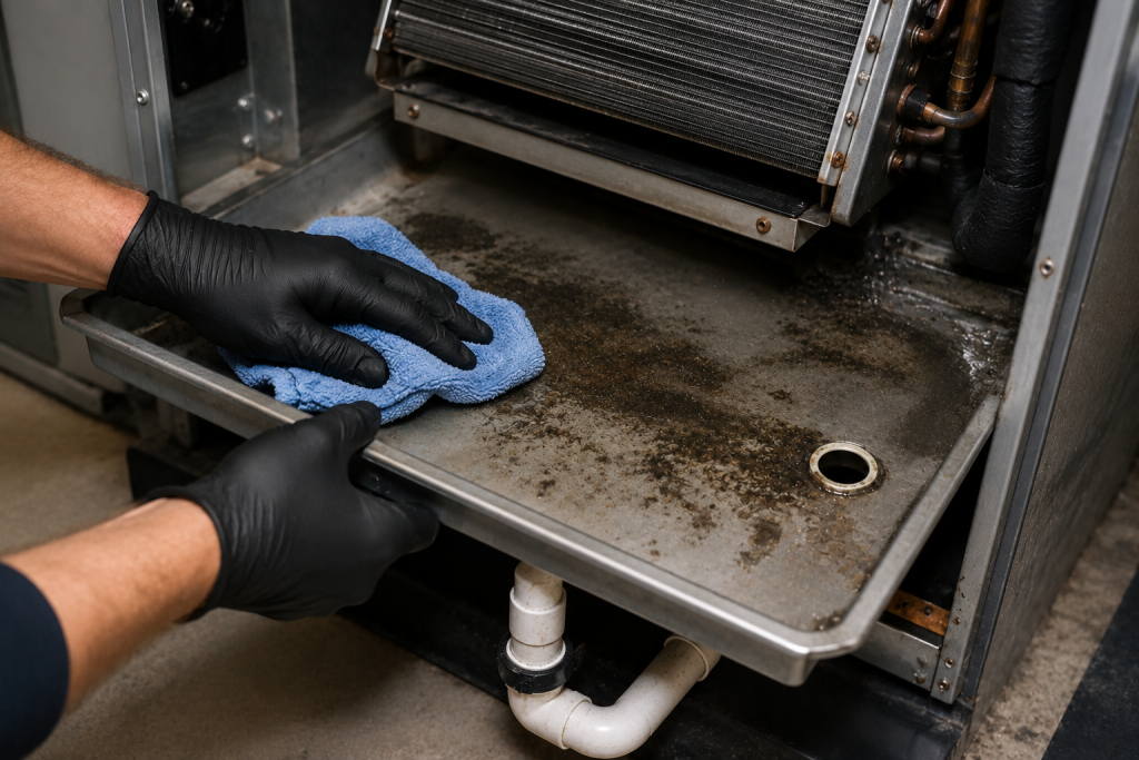 Technician cleaning a dirty HVAC condensate drain pan beneath the evaporator coil to remove sludge, mold, and debris that can clog the AC drain line.