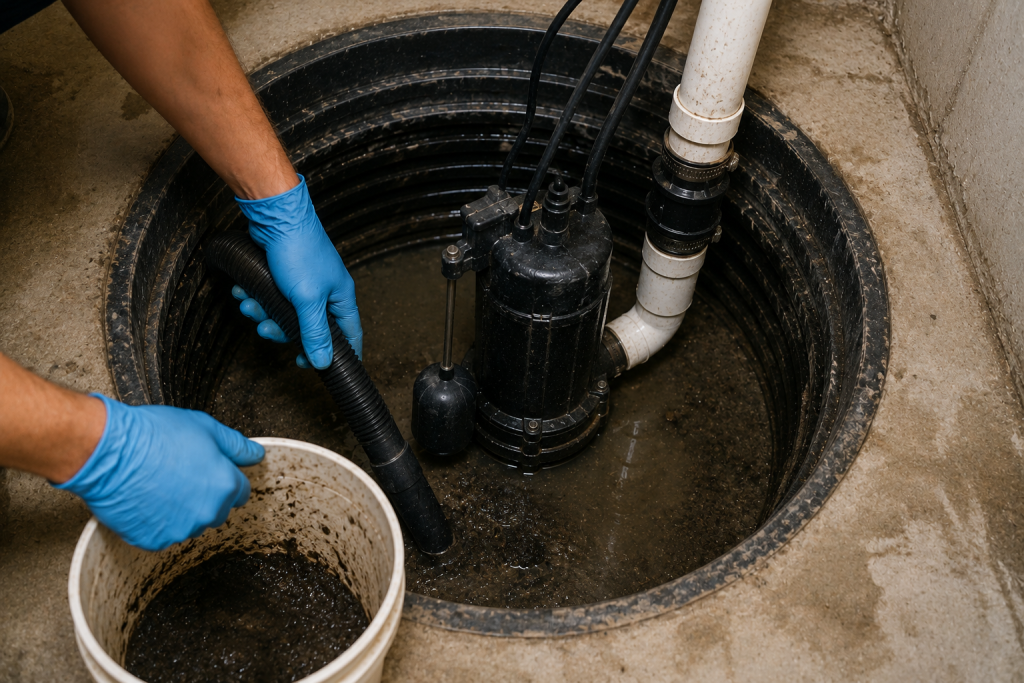 Homeowner cleaning debris and sediment from a basement sump pit using a wet/dry vacuum to improve sump pump performance.