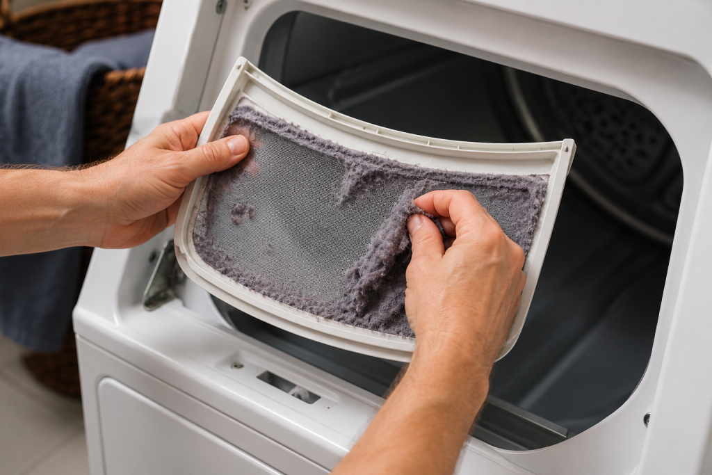 Person removing lint from a clothes dryer lint filter to improve airflow and reduce the risk of dryer smells like burning.