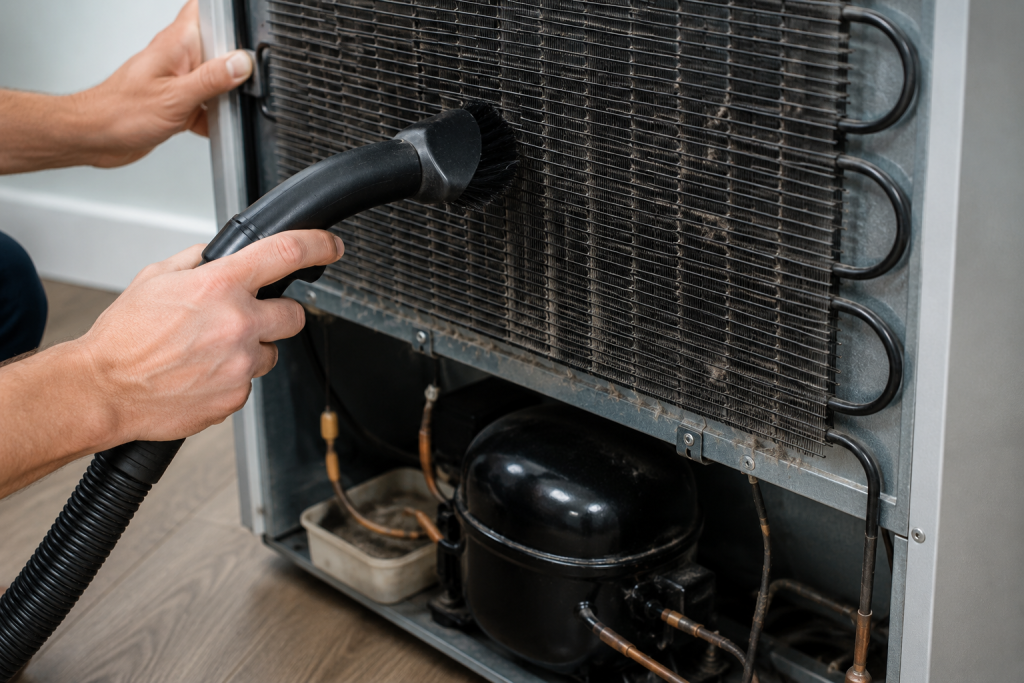 Person using a vacuum brush attachment to remove dust and lint from refrigerator condenser coils during routine maintenance.