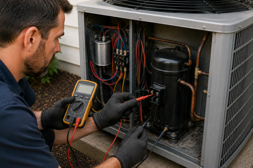 HVAC technician testing an air conditioner compressor with a multimeter to determine whether the compressor has failed.
