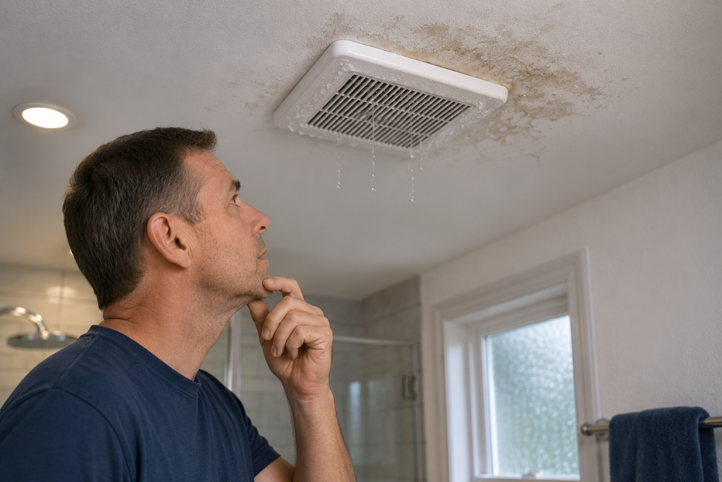 Homeowner inspecting a bathroom fan leaking water to determine when the leak occurs