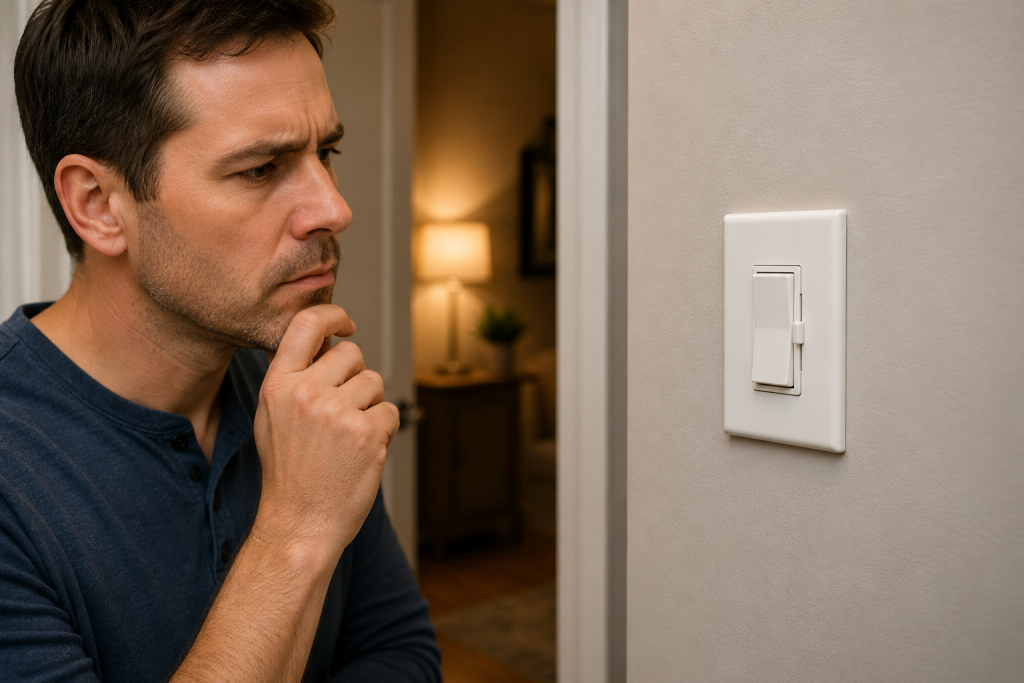 Homeowner closely inspecting a wall light switch buzzing to determine whether a buzzing sound is normal or a sign of an electrical problem.