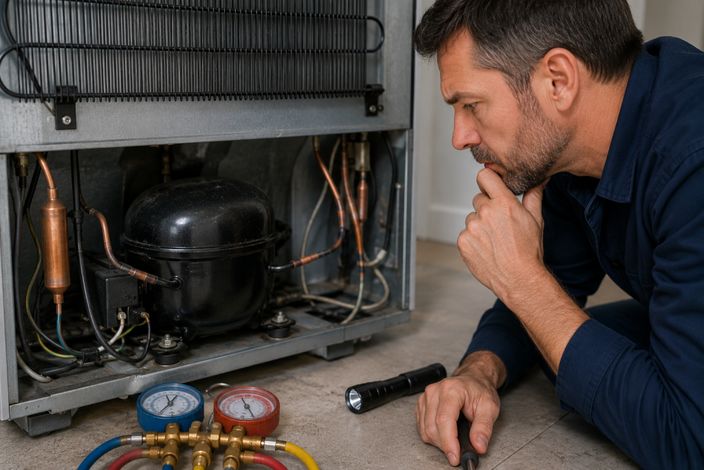 Technician inspecting a refrigerator compressor and sealed refrigeration system while diagnosing a possible refrigerant or compressor failure.