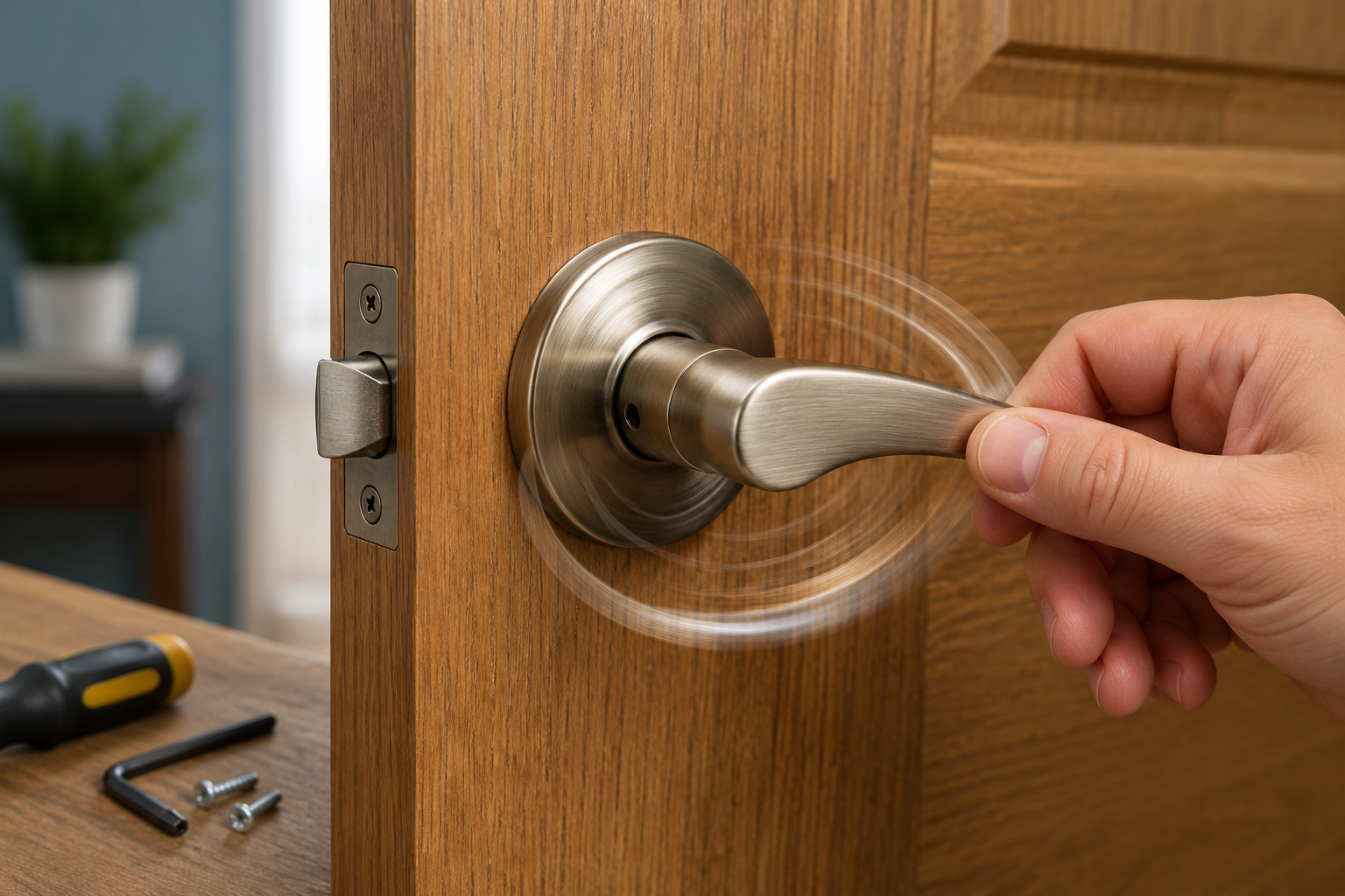 Hand turning a spinning interior door handle on a wooden door with repair tools nearby.