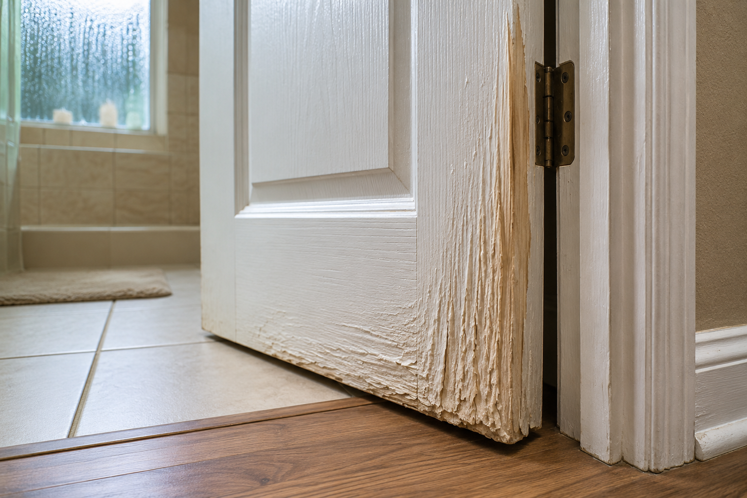 Close-up of a swollen interior wood door sticking against the frame due to high humidity and moisture damage.