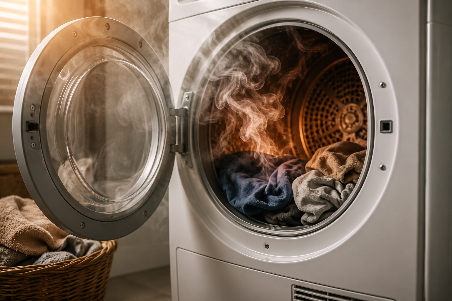 Front-loading clothes dryer with the door open and warm air rising from the drum, illustrating a dryer that smells like burning.