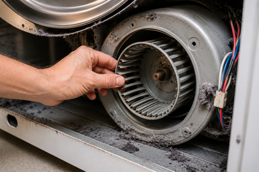 Person inspecting the blower wheel inside a clothes dryer for lint buildup, damage, or loose fan blades that can restrict airflow.