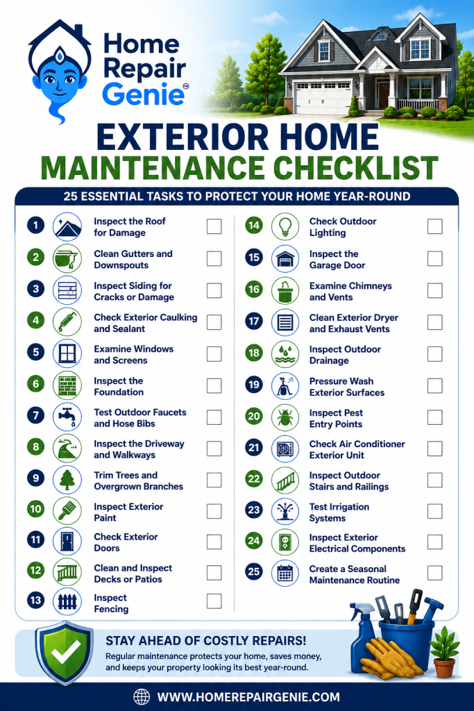 Exterior home maintenance checklist with 25 essential tasks for inspecting roofs, gutters, siding, windows, foundation, drainage, HVAC, and other outdoor home maintenance items.