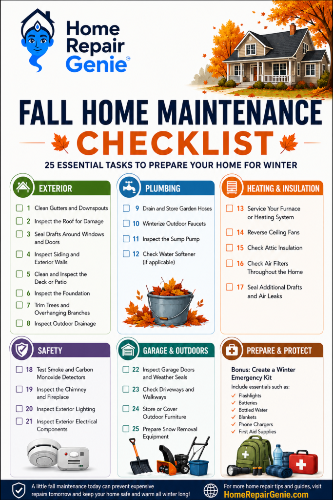 Fall home maintenance checklist from Home Repair Genie featuring 25 essential homeowner tasks to prepare a home for winter, including exterior maintenance, plumbing, heating and insulation, safety, garage care, and emergency preparedness.