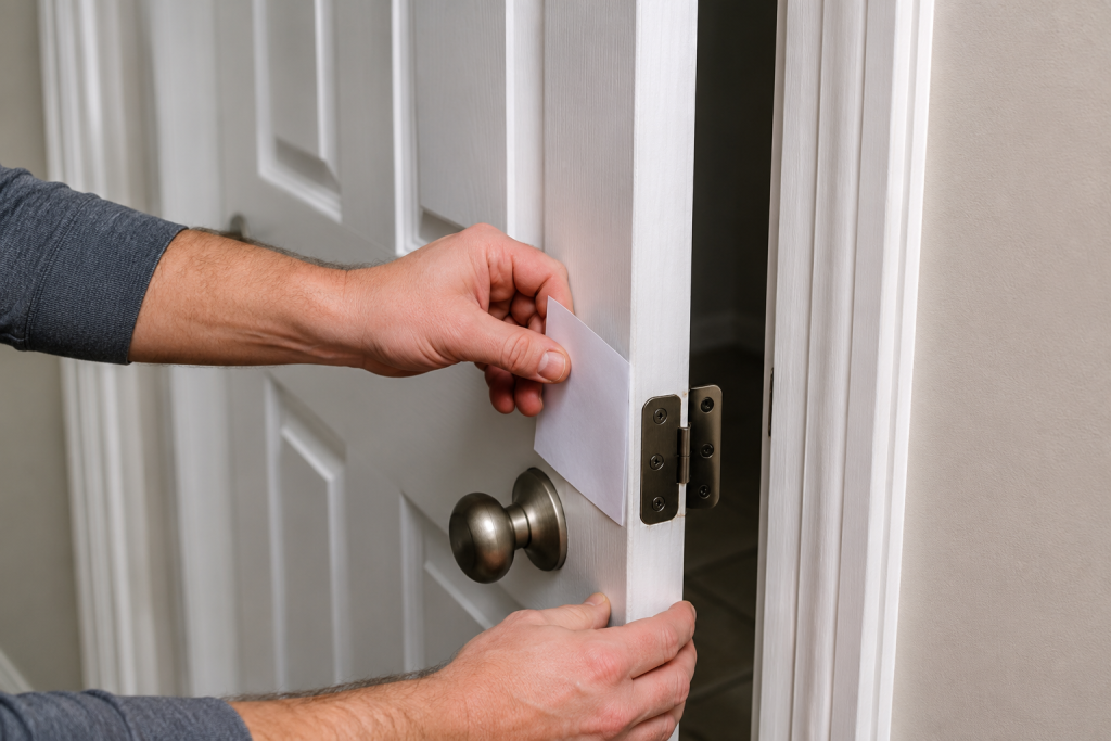 Homeowner using a sheet of paper to identify where an interior door is rubbing against the frame.