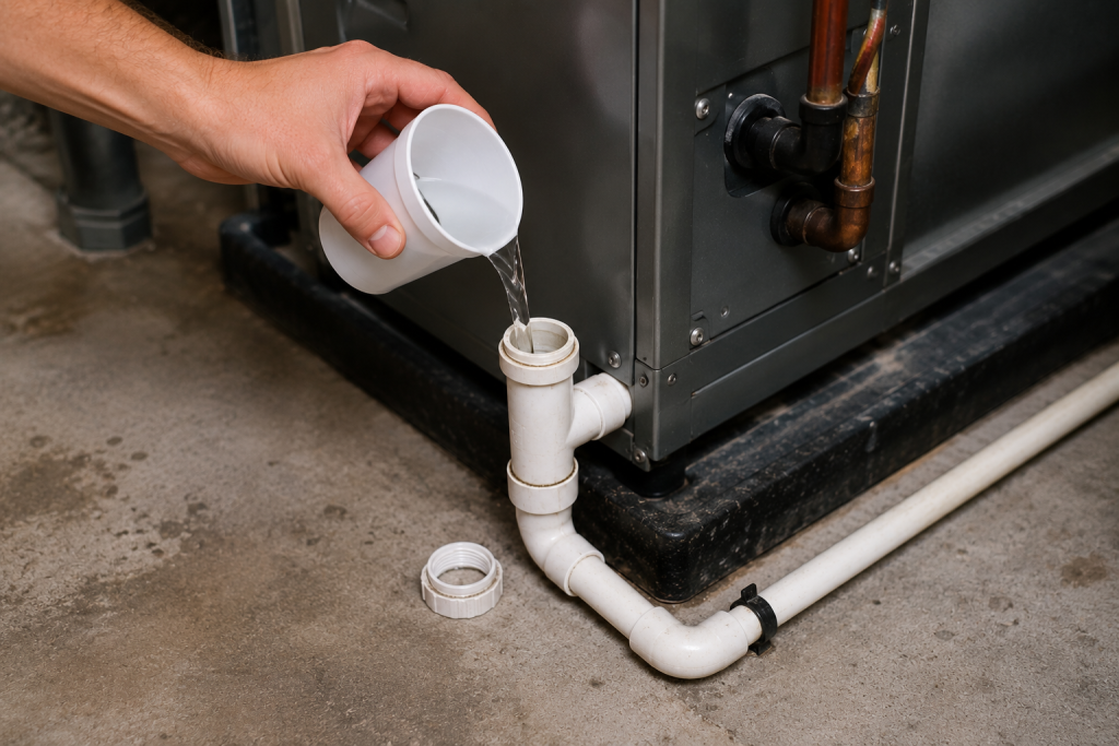 Homeowner pouring distilled white vinegar into an HVAC condensate drain line cleanout to flush algae and help prevent future AC drain clogs.