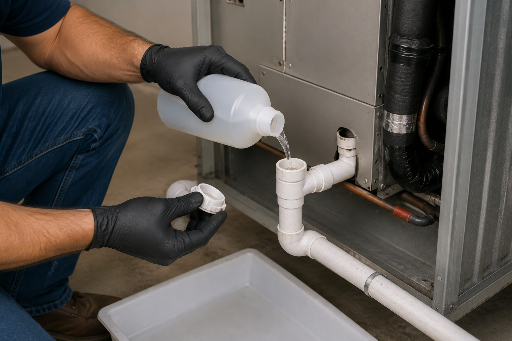 Homeowner pouring cleaning solution into an HVAC condensate drain line to flush away bacteria, mold, and biofilm that can cause vinegar odors.