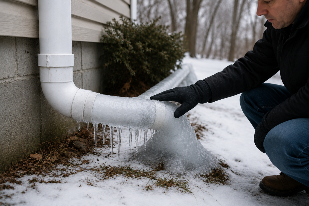 Homeowner inspecting a frozen sump pump discharge line covered with ice and icicles outside a home's foundation during winter.