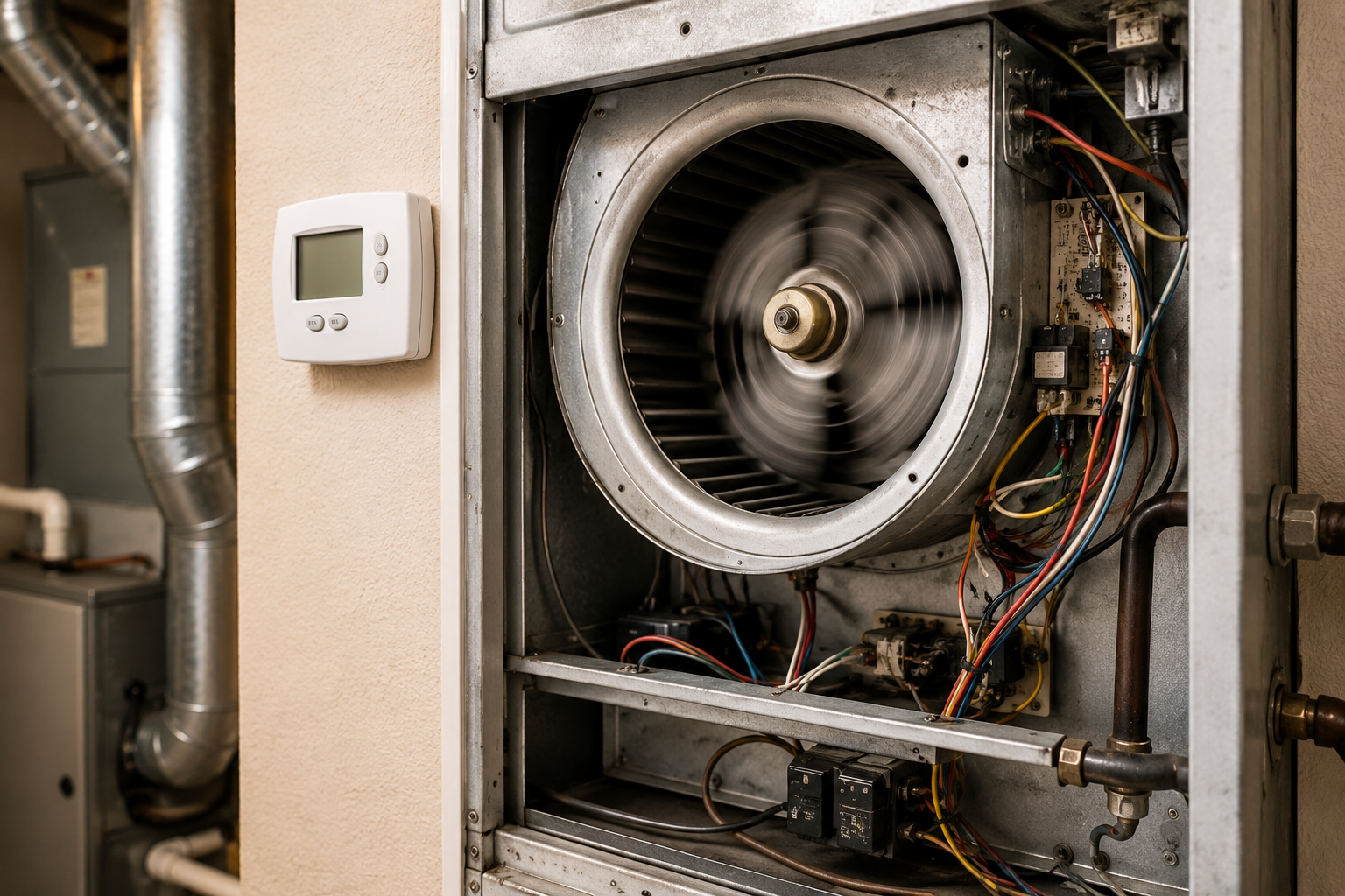 Open residential HVAC furnace showing the blower fan, thermostat, and electrical components during troubleshooting for a fan that won't turn off.