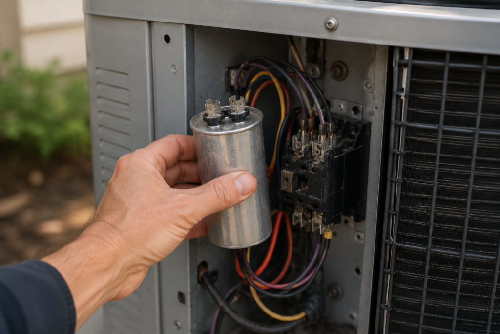 Technician inspecting the run capacitor inside an outdoor air conditioner condenser unit during compressor troubleshooting for AC Fan Runs But Compressor Won't Start.