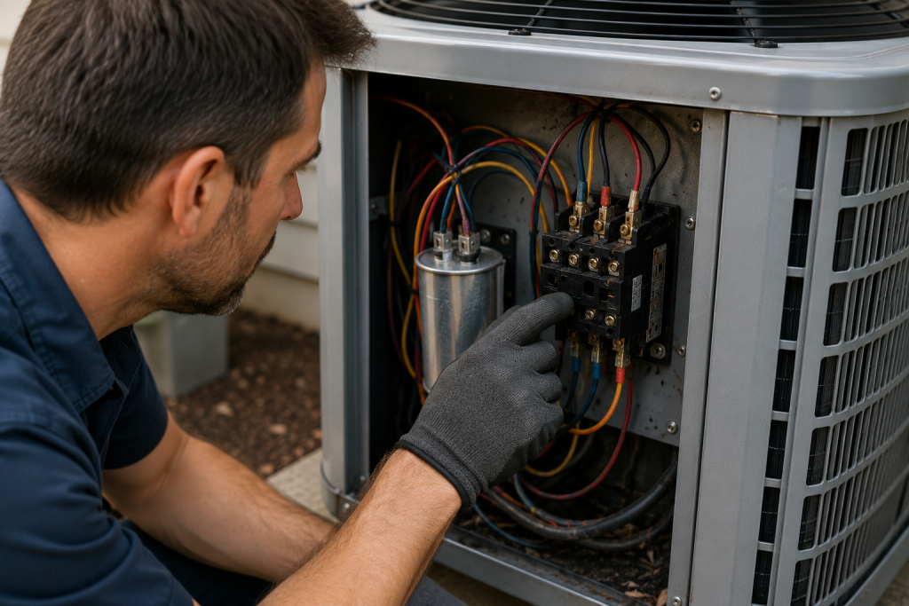 Technician inspecting the contactor inside an outdoor air conditioner condenser unit while diagnosing a compressor that won't start.