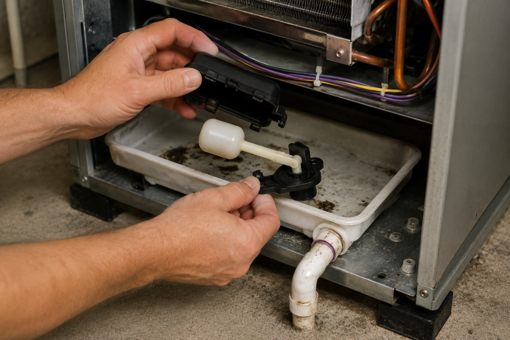 Technician inspecting the condensate float switch inside an HVAC drain pan to ensure it moves freely and prevents water overflow.