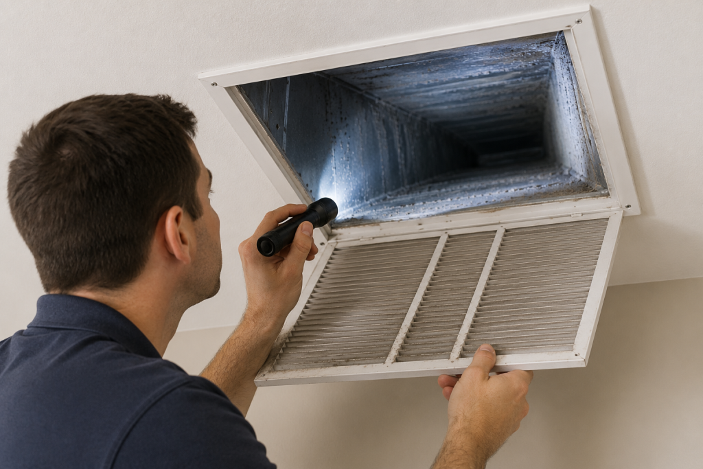 Homeowner inspecting an HVAC air duct with a flashlight for dust, mold, and debris that can contribute to vinegar odors in the home.