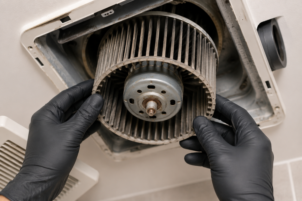 Inspecting the blower wheel inside a bathroom exhaust fan for damage, looseness, or debris buildup