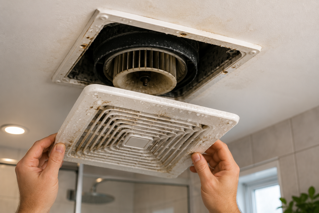 Removing the bathroom exhaust fan cover to inspect the fan housing for rust, water damage, and loose duct connections