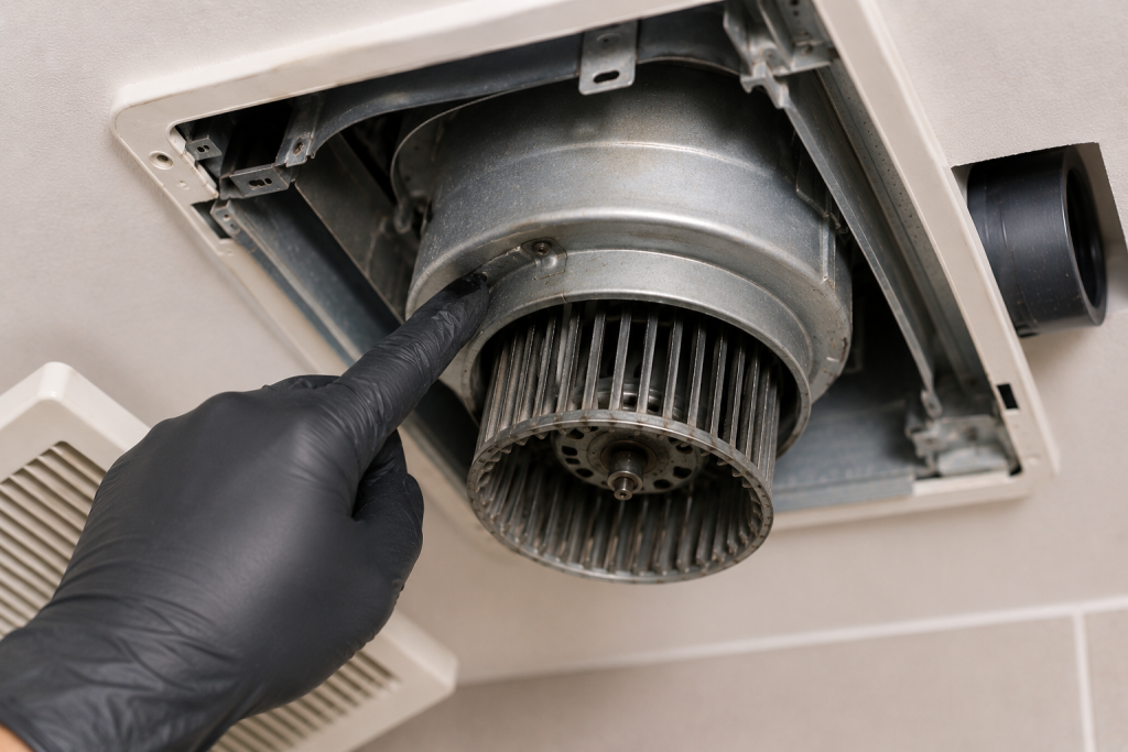 Inspecting a bathroom exhaust fan housing to check for contact between the blower wheel and metal housing